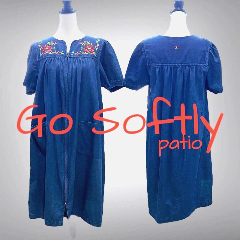 Go Softly Denim Embroidered Floral Zip Front Midi Patio Dress – Size M